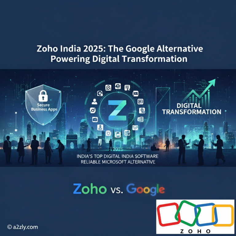 Zoho India 2025 infographic showing 55+ secure business apps as a Google and Microsoft alternative for Digital India transformation
